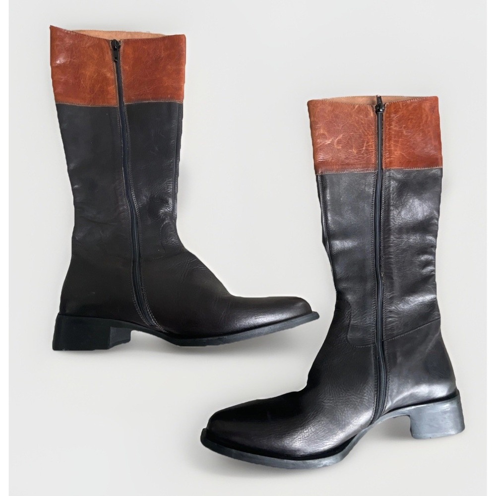 Sesto Meucci Italian Leather Riding Boots Women's 7.5M Black Brown Trim